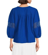 Investments 3/4 Sleeve Embroidery Trim Split V-Neck Coordinating Blouse