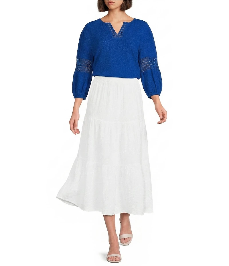 Investments 3/4 Sleeve Embroidery Trim Split V-Neck Coordinating Blouse
