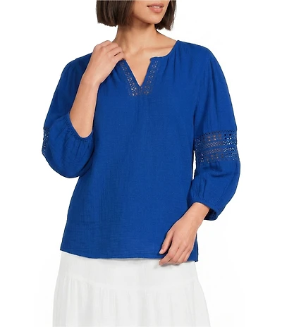 Investments 3/4 Sleeve Embroidery Trim Split V-Neck Coordinating Blouse