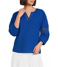 Investments 3/4 Sleeve Embroidery Trim Split V-Neck Coordinating Blouse