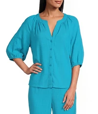 Investments 3/4 Sleeve Palm Tree Embroidery Y-Neck Button Down Coordinating Set Blouse