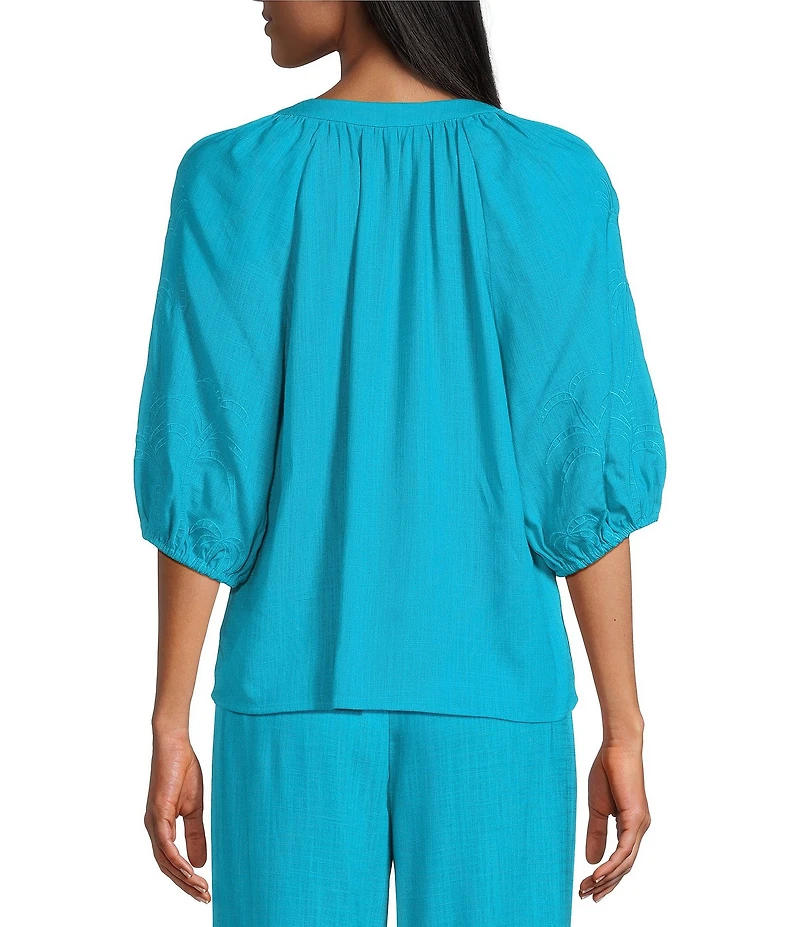 Investments 3/4 Sleeve Palm Tree Embroidery Y-Neck Button Down Coordinating Set Blouse