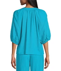 Investments 3/4 Sleeve Palm Tree Embroidery Y-Neck Button Down Coordinating Set Blouse