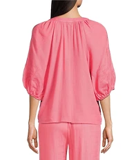 Investments 3/4 Sleeve Palm Tree Embroidery Y-Neck Button Down Coordinating Set Blouse