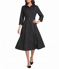 Investments 3/4 Sleeve Point Collar Front Tie Belt Stretch Cotton Fit-And-Flare Dress
