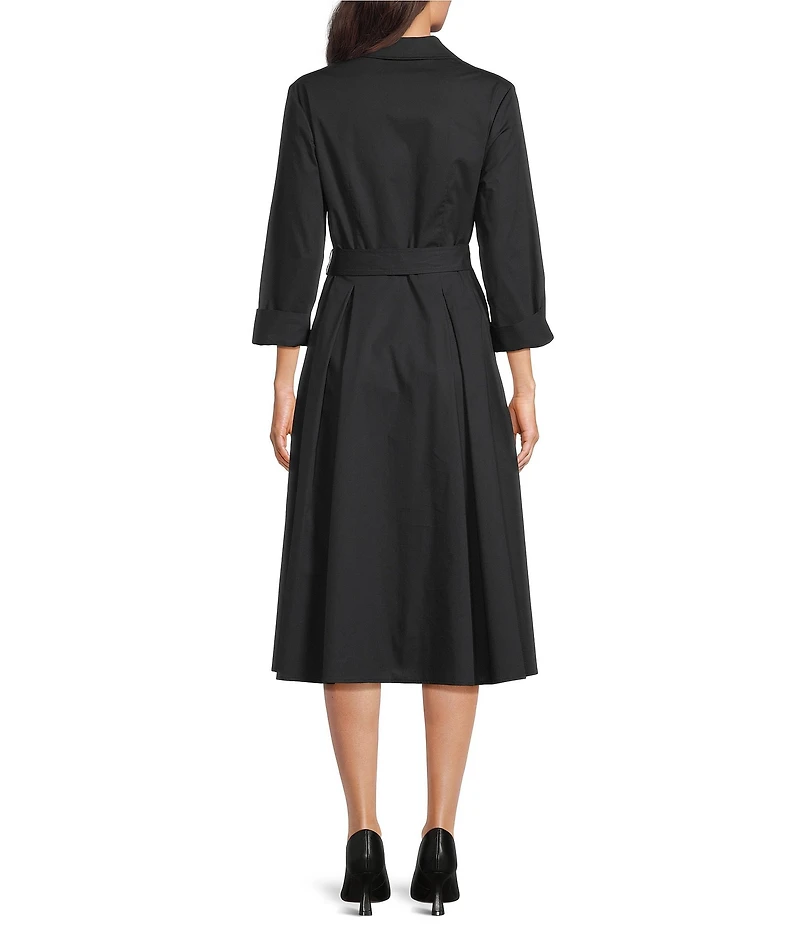 Investments 3/4 Sleeve Point Collar Front Tie Belt Stretch Cotton Fit-And-Flare Dress