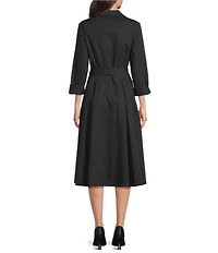 Investments 3/4 Sleeve Point Collar Front Tie Belt Stretch Cotton Fit-And-Flare Dress