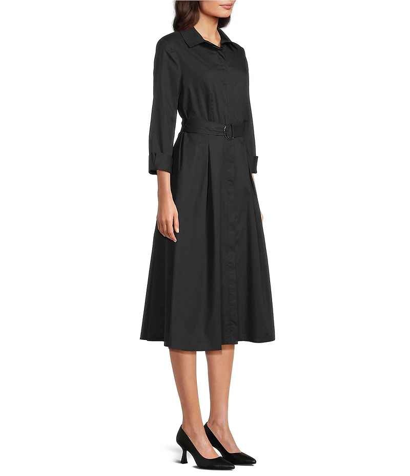 Investments 3/4 Sleeve Point Collar Front Tie Belt Stretch Cotton Fit-And-Flare Dress