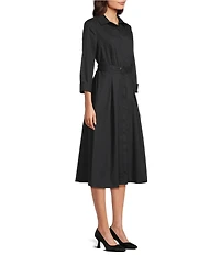 Investments 3/4 Sleeve Point Collar Front Tie Belt Stretch Cotton Fit-And-Flare Dress