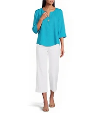 Investments 3/4 Sleeve Split V-Neck Button Shirt