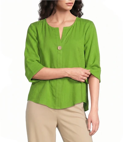 Investments 3/4 Sleeve Split V-Neck Button Shirt