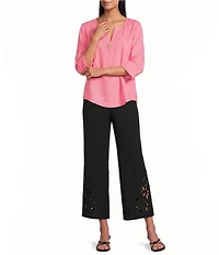 Investments 3/4 Sleeve Split V-Neck Button Shirt