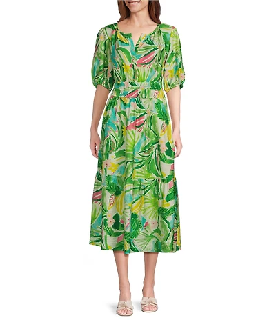 Investments Abstract Tropical Short Cuff Sleeve Split Round Neck Crinkle Dress