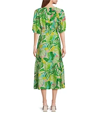 Investments Abstract Tropical Short Cuff Sleeve Split Round Neck Crinkle Dress