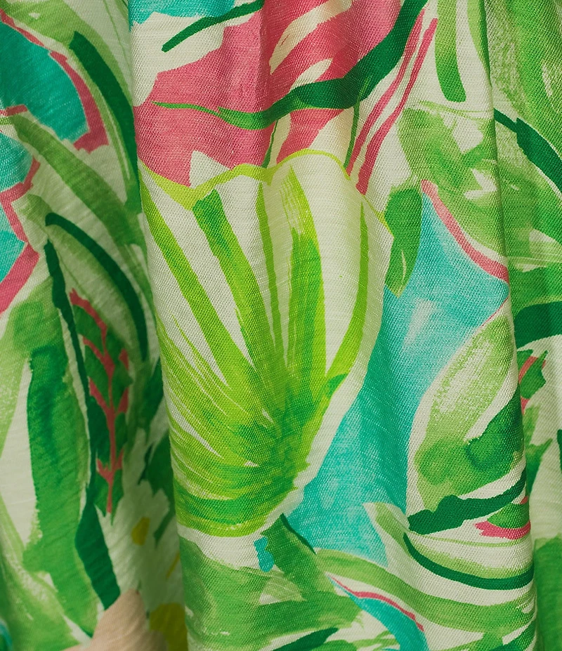 Investments Abstract Tropical Short Cuff Sleeve Split Round Neck Crinkle Dress