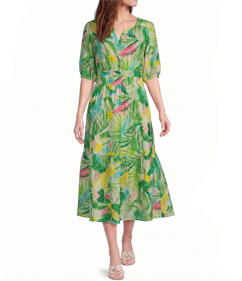 Investments Abstract Tropical Cuff Sleeve Split Round Neck Crinkle Dress