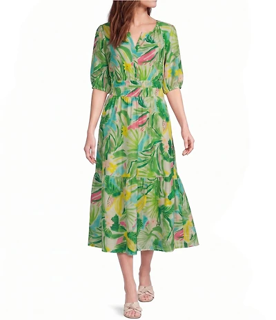 Investments Abstract Tropical Short Cuff Sleeve Split Round Neck Crinkle Dress
