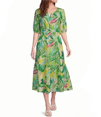 Investments Abstract Tropical Cuff Sleeve Split Round Neck Crinkle Dress