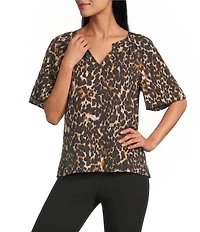 Investments Autumn Animal Print Short Ruffle Sleeve Split-V Neck Blouse