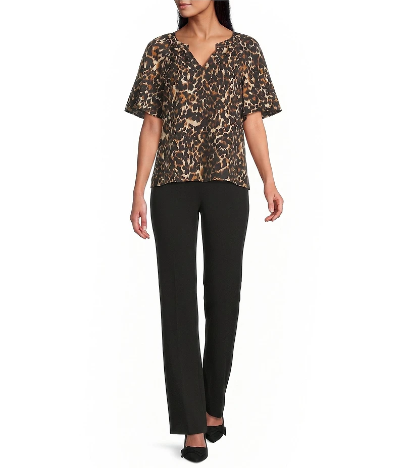 Investments Autumn Animal Print Short Ruffle Sleeve Split-V Neck Blouse