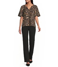 Investments Autumn Animal Print Short Ruffle Sleeve Split-V Neck Blouse