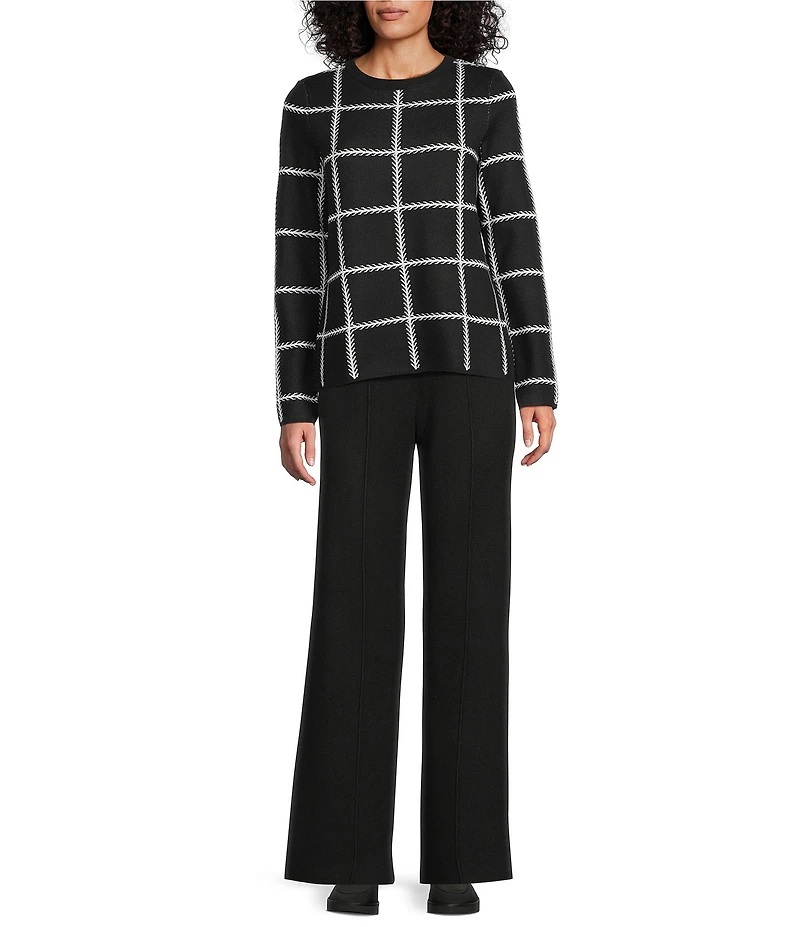 Investments Black Checked Long Sleeve Crew Neck Pullover Top