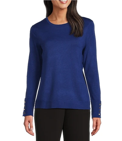 Investments Long Sleeve Button Cuff Crew Neck Sweater
