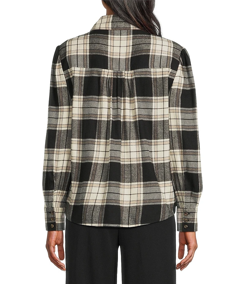 Investments Black Plaid Long Sleeve Point Collar Button Front Top