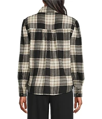 Investments Black Plaid Long Sleeve Point Collar Button Front Top