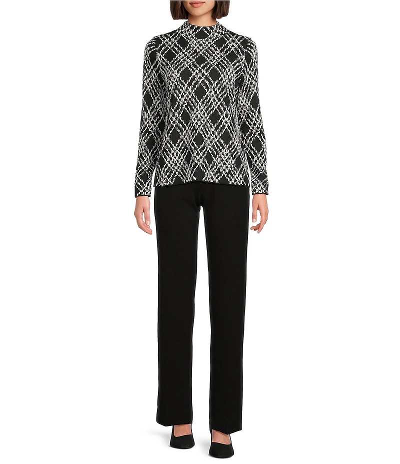 Investments Black Plaid Mock Neck Pullover Long Sleeves Top