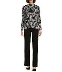Investments Black Plaid Mock Neck Pullover Long Sleeves Top
