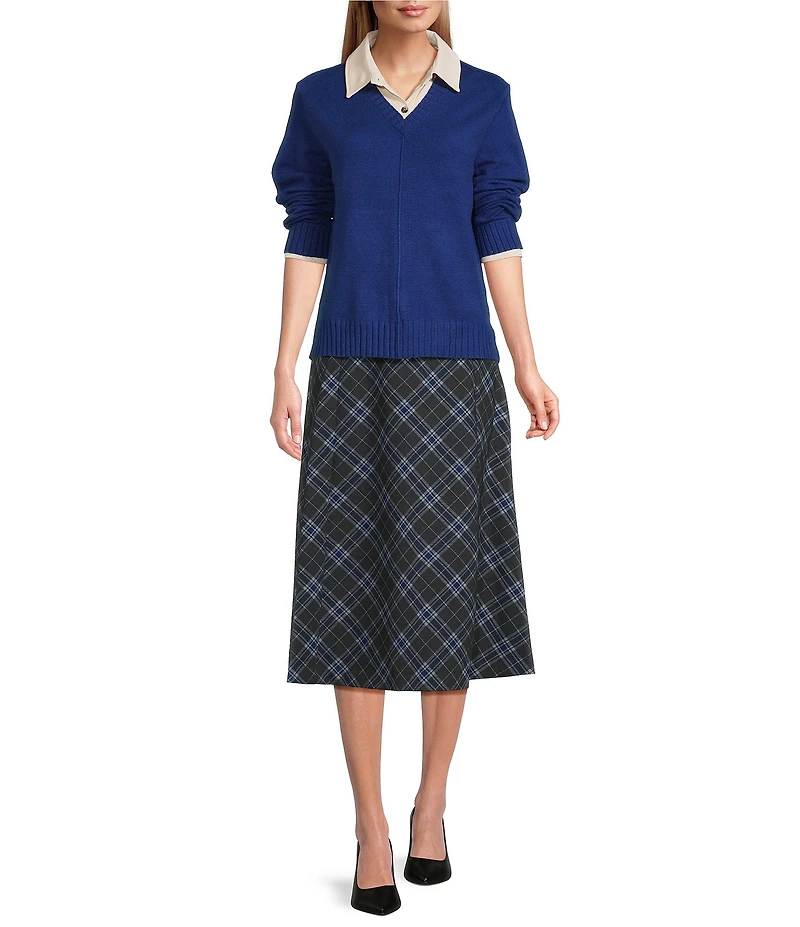 Investments Black Plaid Pull-On Midi Skirt