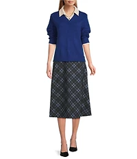 Investments Black Plaid Pull-On Midi Skirt