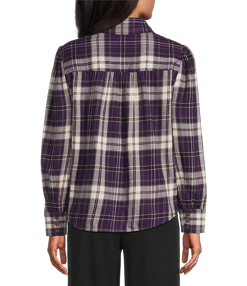 Investments Blackberry Plaid Long Sleeve Point Collar Button Front Top