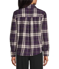 Investments Blackberry Plaid Long Sleeve Point Collar Button Front Top