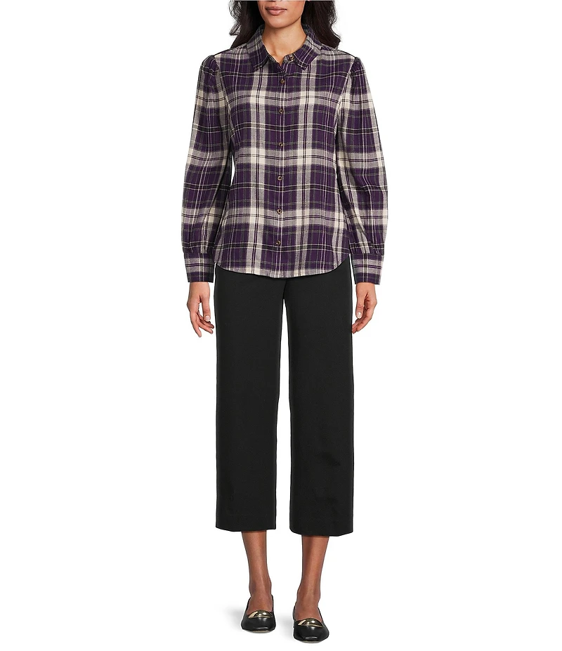Investments Blackberry Plaid Long Sleeve Point Collar Button Front Top