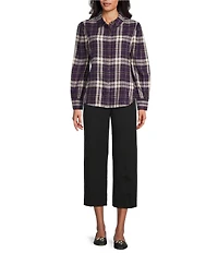 Investments Blackberry Plaid Long Sleeve Point Collar Button Front Top