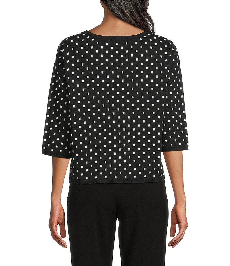 Investments Black/Vanilla Ice Dot Print Jacquard 3/4 Sleeve Boat Neck Pullover Sweater