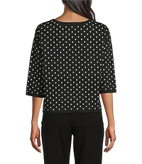 Investments Black/Vanilla Ice Dot Print Jacquard 3/4 Sleeve Boat Neck Pullover Sweater
