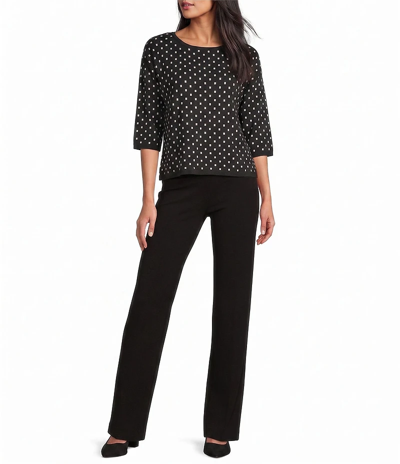 Investments Black/Vanilla Ice Dot Print Jacquard 3/4 Sleeve Boat Neck Pullover Sweater