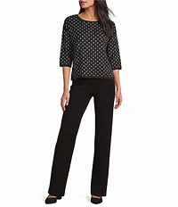 Investments Black/Vanilla Ice Dot Print Jacquard 3/4 Sleeve Boat Neck Pullover Sweater