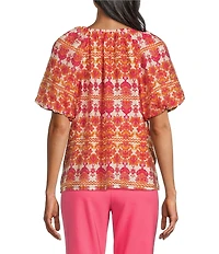 Investments Bold Geo Stripe Print 3/4 Bubble Sleeve Split Round Neck Blouse