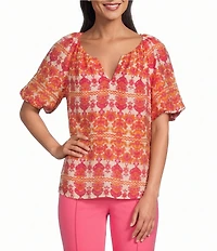 Investments Bold Geo Stripe Print 3/4 Bubble Sleeve Split Round Neck Blouse