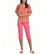 Investments Bold Geo Stripe Print 3/4 Bubble Sleeve Split Round Neck Blouse