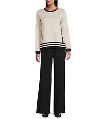 Investments Border Stripe Long Sleeve Crew Neck Pullover Top