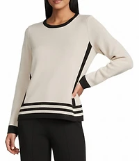 Investments Border Stripe Long Sleeve Crew Neck Pullover Top