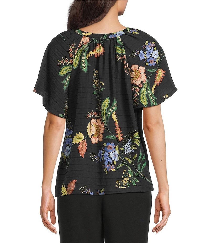 Investments Botanical Floral Print Short Ruffle Sleeve Split-V Neck Blouse