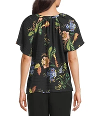 Investments Botanical Floral Print Short Ruffle Sleeve Split-V Neck Blouse