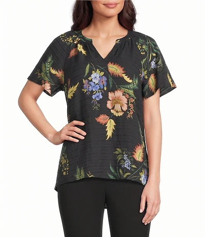 Investments Botanical Floral Print Short Ruffle Sleeve Split-V Neck Blouse