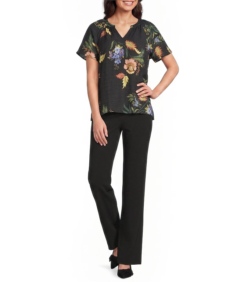 Investments Botanical Floral Print Short Ruffle Sleeve Split-V Neck Blouse